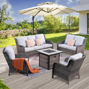 Vincent Gray 5-Piece Wicker Patio Fire Pit Outdoor Seating Sofa Set and with Gray Cushions