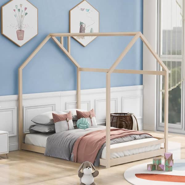 URTR White+Natural Full Size House Bed Frame, Full Floor Bed Montessori Bed Frame with Roof and Window for Kids, Girls, Boys