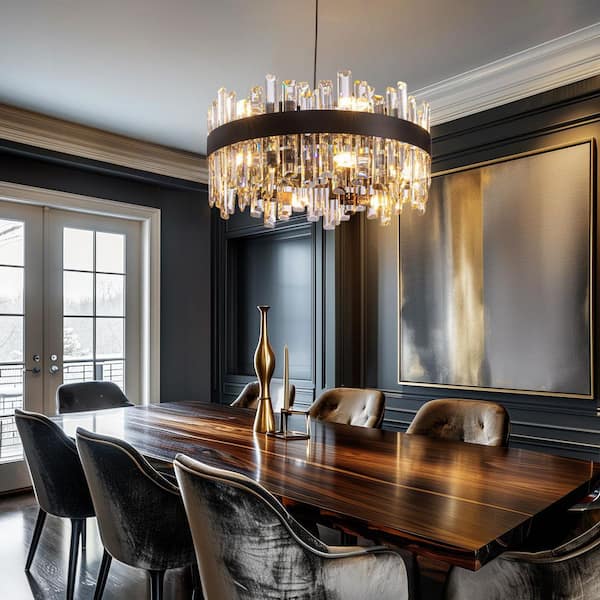 20 in. Modern 12-Light Black Crystal Chandelier Circle Round 2-Tiers Chandelier for Dining Living Room Bedroom
