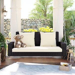 2-Person Brown Wicker Porch Swing with Beige Cushions