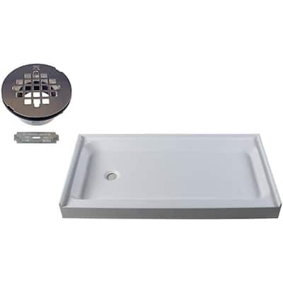 60 in. x 34 in. Single Threshold Alcove Shower Pan Base with Left Hand Plastic Drain in Polished Chrome
