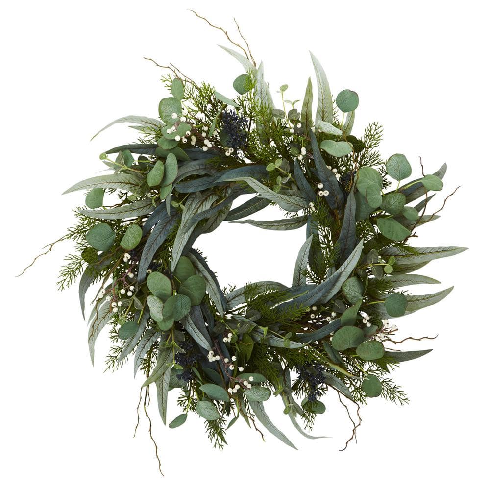 24" Green Artificial Eucalyptus and Mixed Greens Wreath