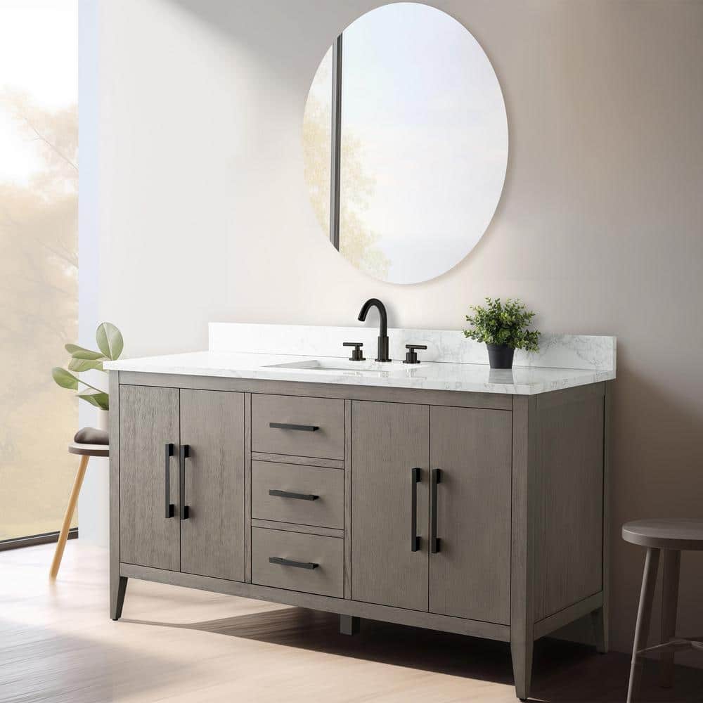 60'' Driftwood Gray MDF Single Sink Freestanding Bathroom Vanity with Engineered Marble Top