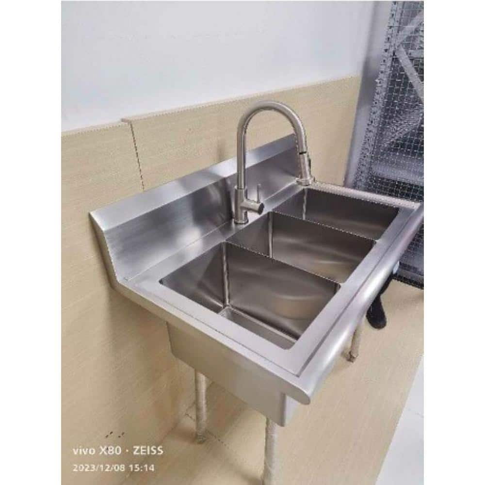 38 in. W x 24 in. D Freestanding Stainless Steel 3-Compartment Commercial Laundry/Utility Sink with Faucet and Drain -  Glacier Bay, FSCR3824A3