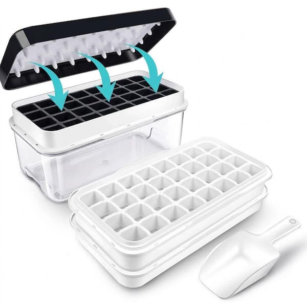 Black Square Ice Mold Ice Cube Tray with Lid and Bin Easy Press Release 64 pcs for Freezer Cocktail Whiskey Coffee
