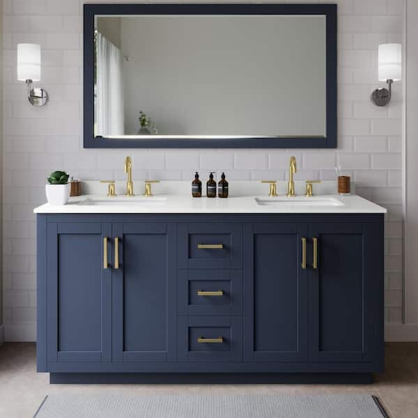Wyndham Collection Miranda 66 in. W x 22 in. D x 33.75 in. H Double Bath Vanity in Dark Blue with White Quartz Top and 58 in. Mirror