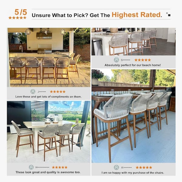 Modern Aluminum Twill Wicker Woven Counter Height Outdoor Bar Stool with Back and Cushion (2-Pack)