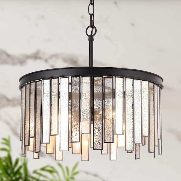 Modern 3-Light Black Drum Island Chandelier with Staggered Colored Glass Strips, Living Room Bedroom Foyer Pendant Light