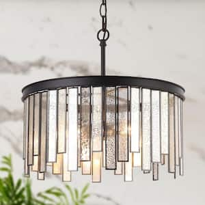 Hemaaolay 3-Light Black Modern Drum Island Chandelier with Circle Plating Mercury Glass Shade for Living Room