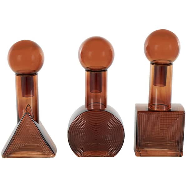Litton Lane Brown Glass Geometric Triangle, Circle, Square Ombre Decorative Jars with Textured Grooves and Round Orb Tops (Set of 3)