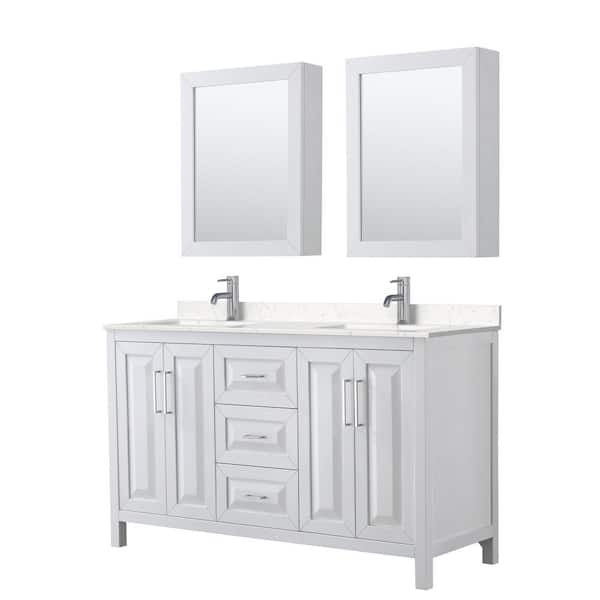 Wyndham Collection Daria 60 in. W x 22 in. D Double Vanity in White w/ Cultured Marble Vanity Top in Light-Vein Carrara w/ Basins& Med Cabs