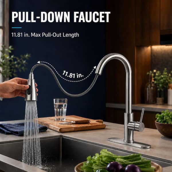 Single Handle Pull Down Sprayer Kitchen Faucet Commercial Kitchen Sink Faucets for RV, Laundry in Brushed Nickel
