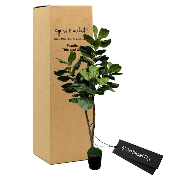 CYPRESS & ALABASTER Handmade 5 ft. Artificial Natural Fiddle Leaf Fig Tree in Home Basics Plastic Pot Made with Real Wood and Moss Accents