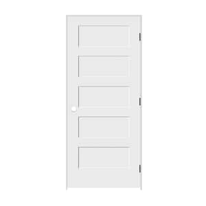 18 in. x 80 in. 5 Panel Left Hand Solid Wood Primed White MDF Single Prehung Interior Door with Matte Black Hinges
