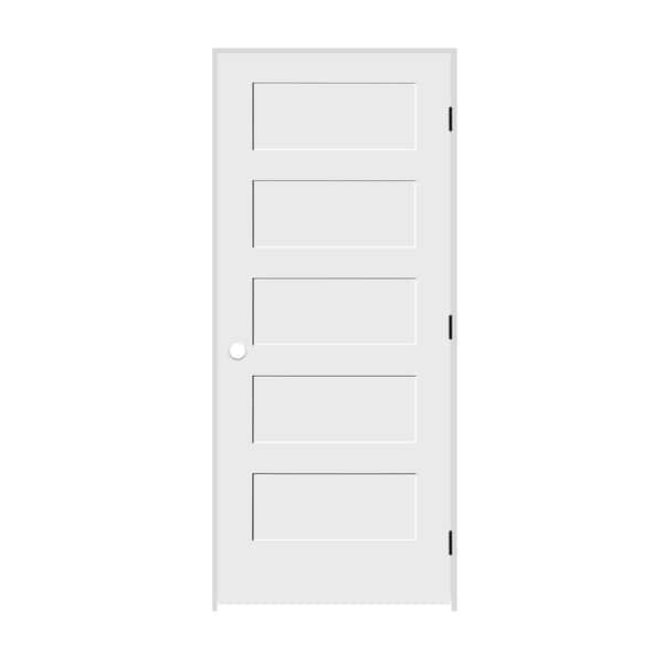 CODEL DOORS 32 in. x 80 in. 5 Panel Left Hand Solid Wood Primed White MDF Single Prehung Interior Door with Matte Black Hinges