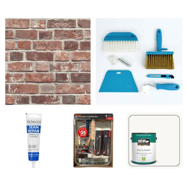 Distressed Brick Red Wallpaper (30.75 Sq. Ft.), Tool Kit, Seam Adhesive, Paint Kit and Paint