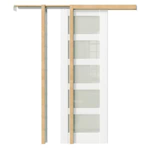 28 in. x 80 in. 5-Panel Frosted Glass, Can Be Painted, White MDF Wood Unfinished Pocket Door Frame with All Hardware