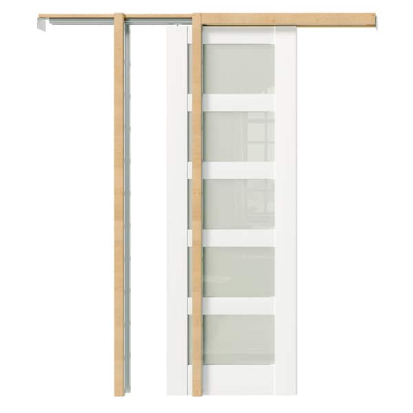 28 in. x 80 in. 5-Panel Frosted Glass, Can Be Painted, White MDF Wood Unfinished Pocket Door Frame with All Hardware