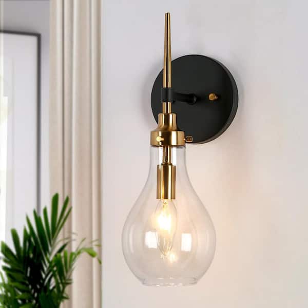 Uolfin 15-in H. Modern Bedroom Teardrop Wall Sconce 1-Light Black and Brass Gold Bathroom Vanity Light with Clear Glass Shade