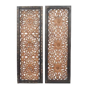 Wood Brown Handmade Intricately Carved Floral Wall Decor (Set of 2)