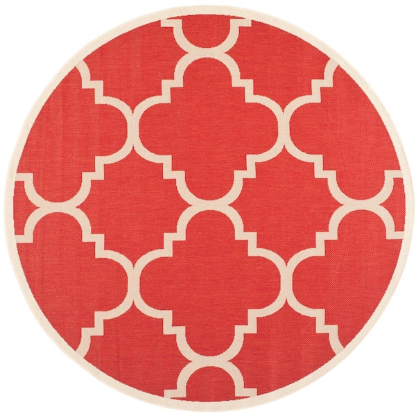 Courtyard Red 4 ft. x 4 ft. Border Clover Indoor/Outdoor Round Area Rug