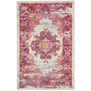 Passion Ivory/Fuchsia 2 ft. x 3 ft. Bordered Transitional Kitchen Area Rug