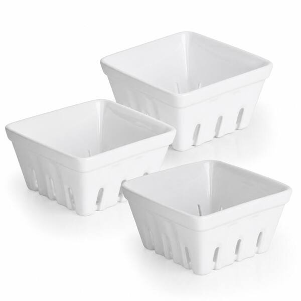 Set of 3 White Ceramic Square Berry Basket Bowls 5.5x5.5x3 Inch with Draining Holes for Kitchen Counter