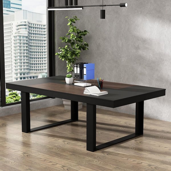 FUFU&GAGA 86.6 in. Width, Retangular Black Walnut Wood Writing Desk Office Commercial Desk Computer Table, Meeting Table