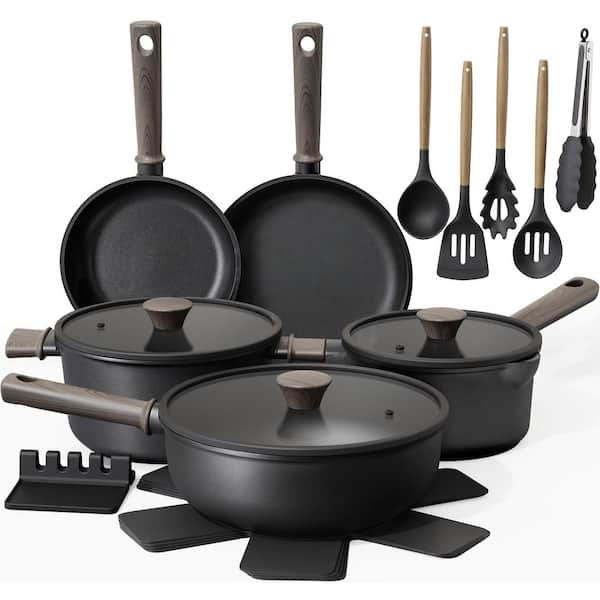 19-Piece Black Pots and Pans Set Healthy Non-Toxic Titanium Induction Kitchen Cookware Sets for Cooking with Frying Pans