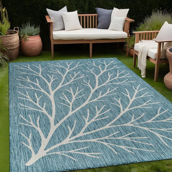 Flora Aqua 9 ft. x 12 ft. Coral Branch Washable Indoor Outdoor Area Rug