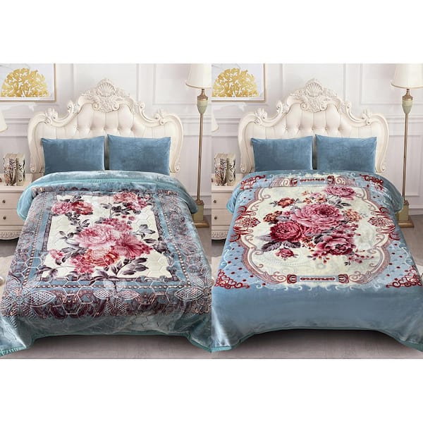 Aqua Rose 2-Ply Reversible Polyester Fleece Mink 85 in. x 95 in. 10 lbs. Winter Blanket