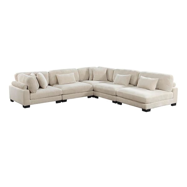 Turbo 135 in. Pillow Top Arm 5-Piece Corduroy Fabric Modular Sectional Sofa in Beige