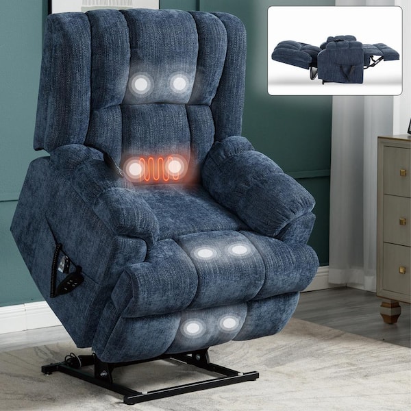 LUCKY ONE Blue Chenille Heat Massage Power Lift Recliner Chair with Power-Remote