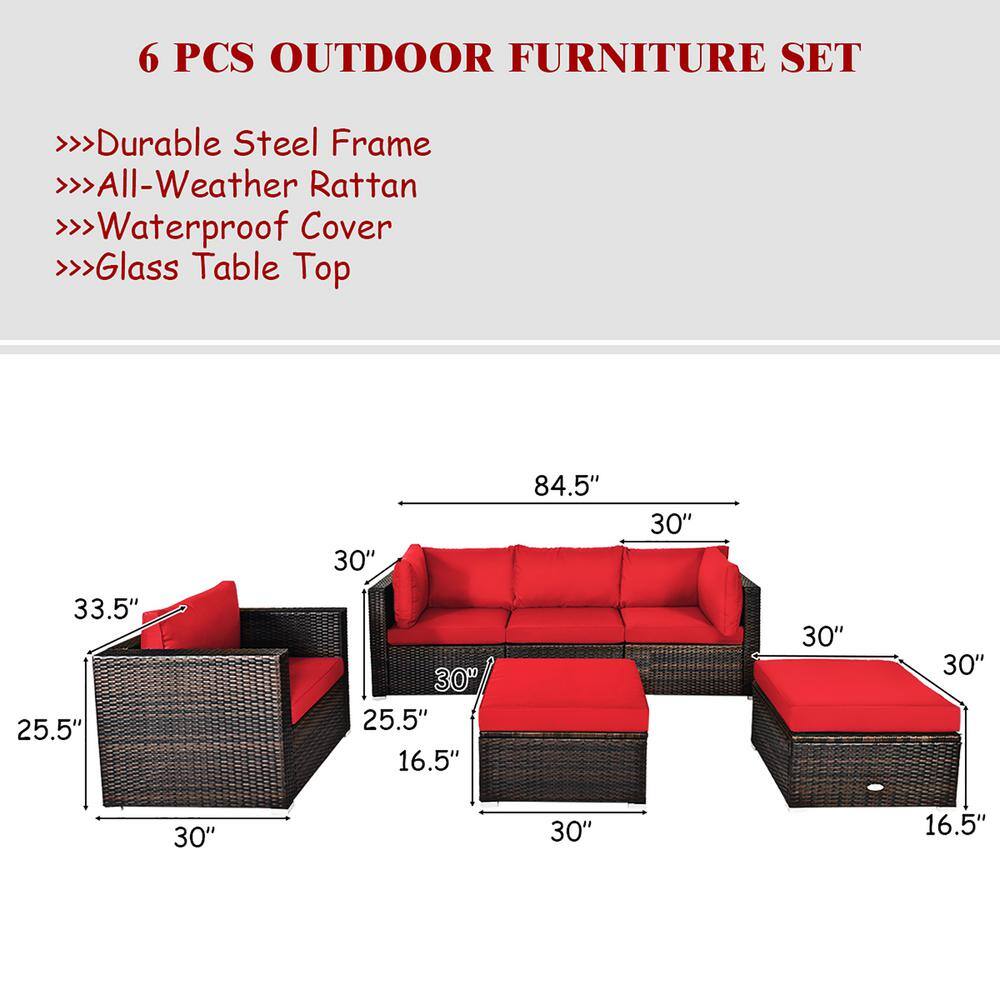 6-Piece Red Cushioned PE Rattan Outdoor Sectional Sofa Set