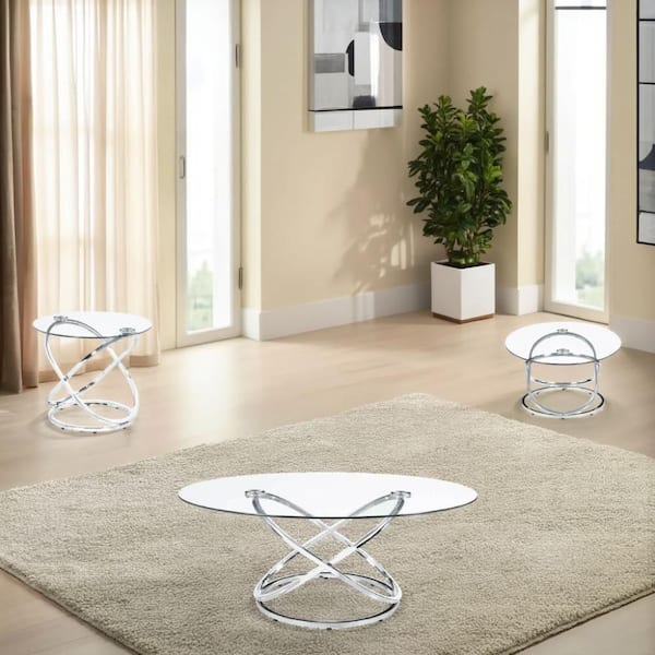 Benjara 48 in. Chrome Round Glass Glass Coffee Table with 2 End Tables