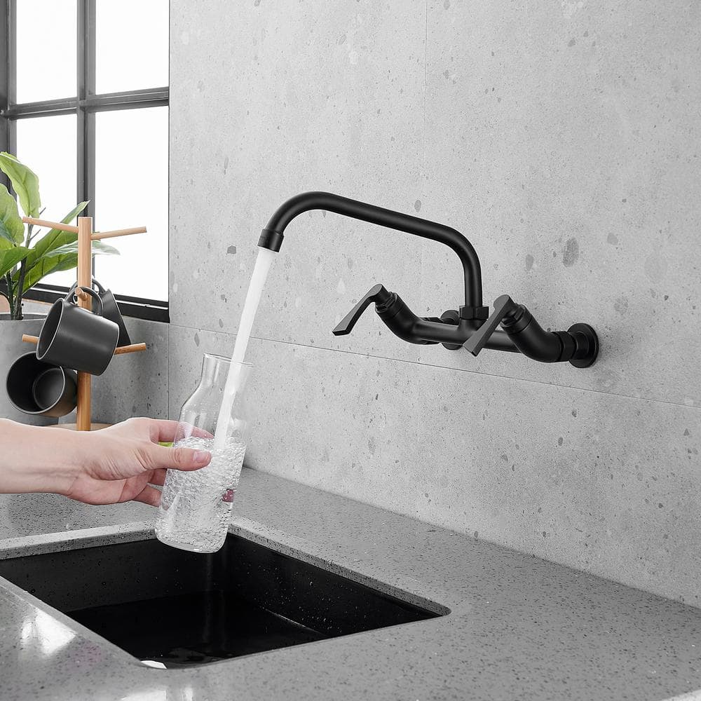 Matte Black Double-Handle Wall-Mount Kitchen Faucet