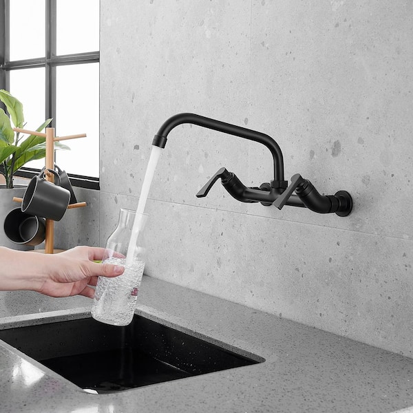 Double Handle Wall Mount Utility Faucet with 8 in. Swivel Spout Standard Kitchen Faucet in Matte Black