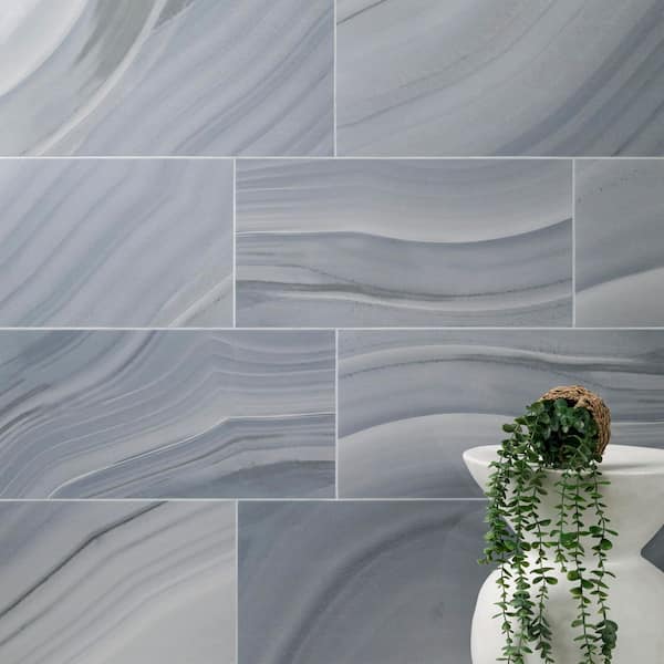 Coastal Blue 12 in. x 24 in. Glossy Ceramic Stone Look Floor and Wall Tile (16 sq. ft./case)