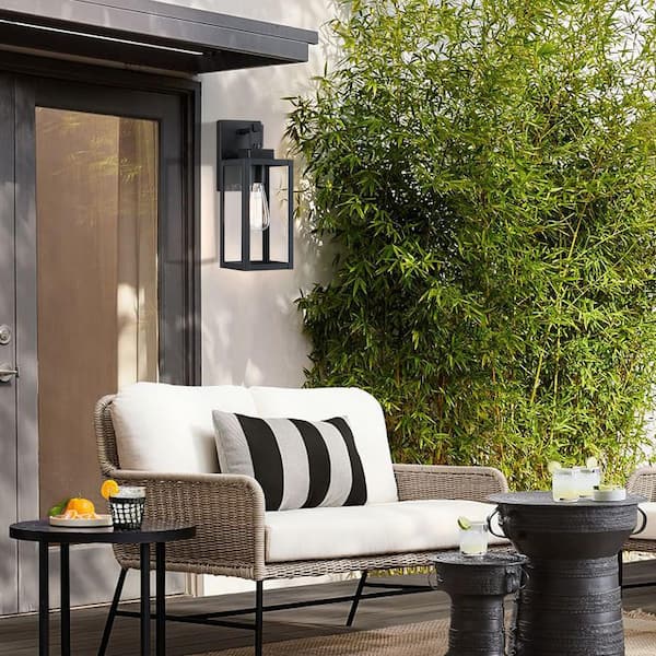 Bonanza 14 in 1-Light Matte Black Outdoor Wall Lantern Sconce with Clear Glass Shade, 1 x E26