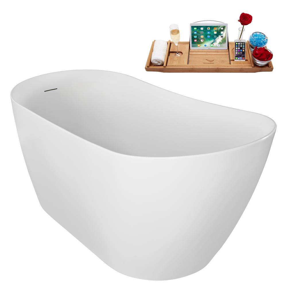 59" Glossy White Acrylic Freestanding Soaking Bathtub with Bamboo Tray