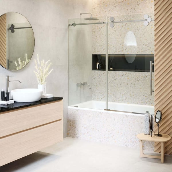 FINE FIXTURES 60 in. W x 66 in. H Sliding Tub Door Frameless in Chrome Finish with Tempered Clear Glass
