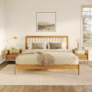 Mid-Century Modern Brown Solid Wood Frame King Platform Bed