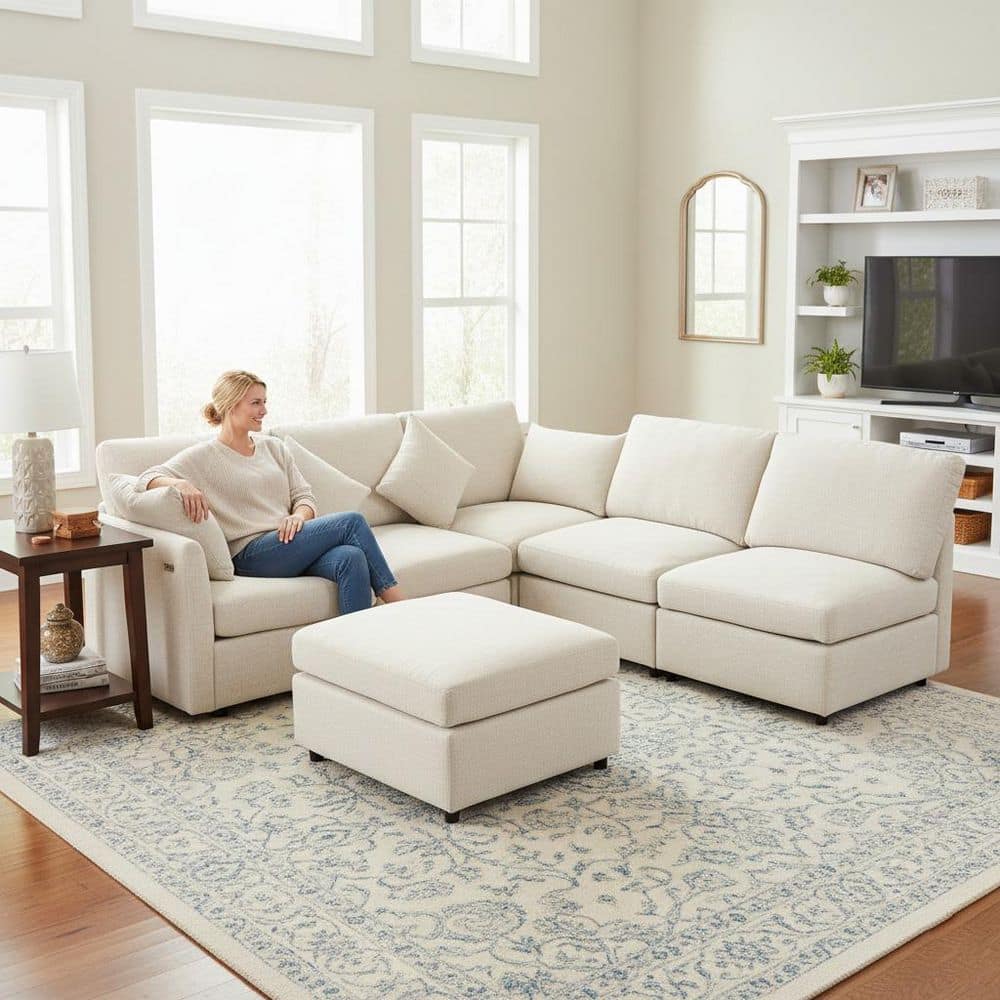 AZIU 86.6 in. Square Arm 3-Piece Chenille Modular Sectional Sofa with Ottoman and USB Ports in Ivory Beige price history on PriceWatchPro