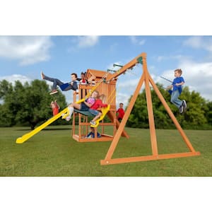 Timber Valley Wood Complete Swing Set with Wood Roof, Glider Swing, Blue Playset Accessories and Yellow Slide