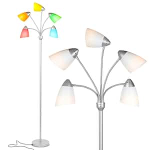 Medusa 74 in. Platinum Silver Modern 5-Light Height Adjustable Gooseneck LED Floor Lamp with 5 Multicolored Cone Shades