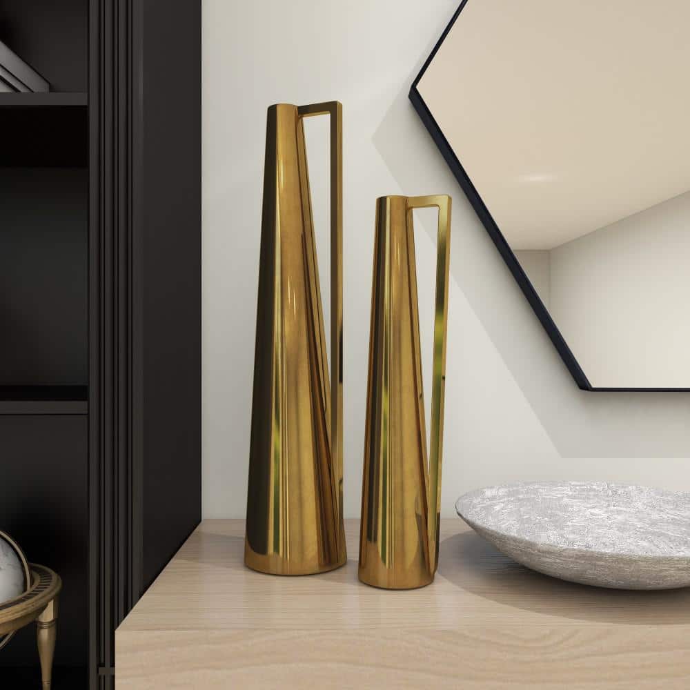Gold Slim Cone Metal Geometric Decorative Vase Set