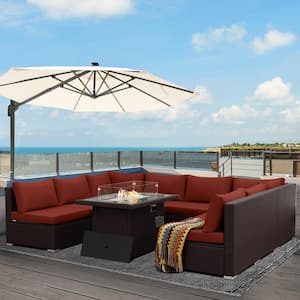 Large Size Espresso 9-Piece Wicker Patio Conversation Deep Seating Sectional Sofa Set with Fire Pit and Red Cushions