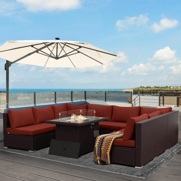 NICESOUL Large Size Espresso 9-Piece Wicker Patio Conversation Deep Seating Sectional Sofa Set with Fire Pit and Red Cushions