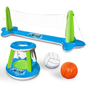 4-Piece Blue and Green Plastic Inflatable Volleyball Net with Basketball Hoop Pool Float Set for Competitive Water Play