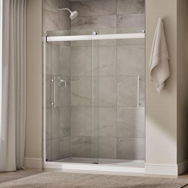 Elmbrook 55-60 in. W x 74 in. H Sliding Frameless Shower Door in Bright Polished Silver with 5/16 in. Thick Clear Glass